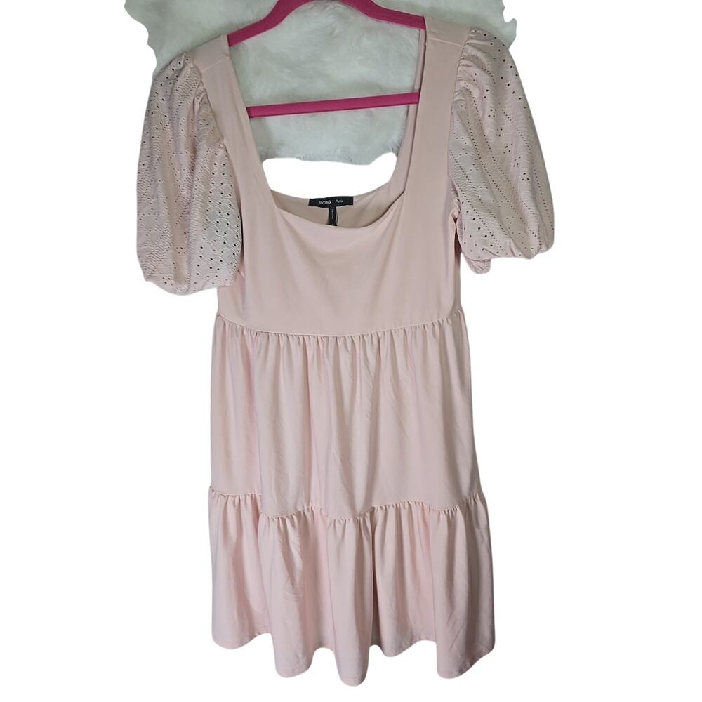 BCBG Paris Dress Short Ruffle Baby Pink A-Line Flowing Tie Back Womens Small